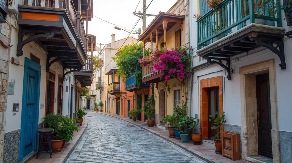 Picturesque cobblestone street in Ano Poli Upper Town Thessaloniki.