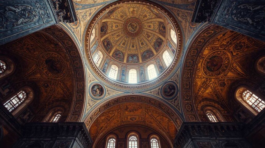 Interior of an ancient Byzantine church in Thessaloniki with golden mosaics.