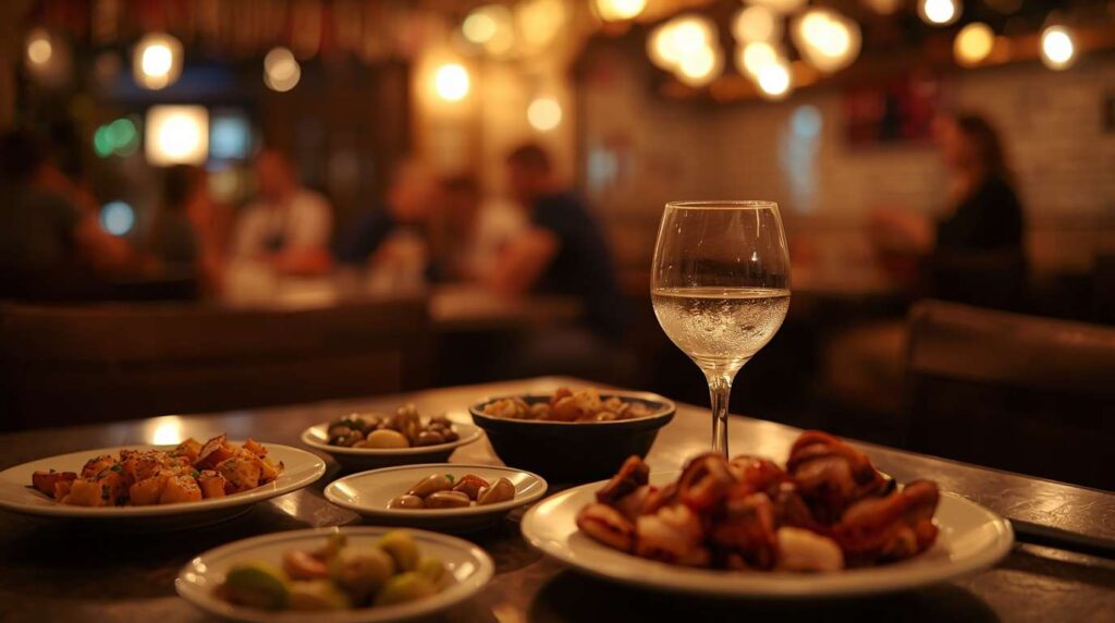 Authentic Greek meze plates and tsipouro on a table at night.