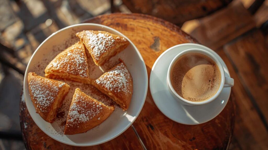 Traditional Greek bougatsa and coffee at a local cafe in Thessaloniki.