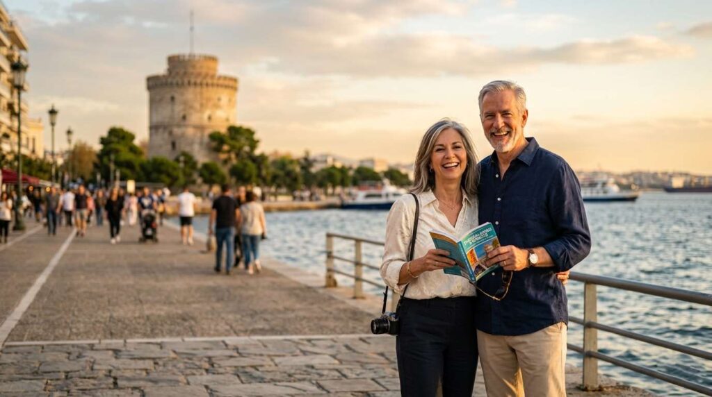 Senior couple enjoying a scenic view of Thessaloniki waterfront and White Tower at sunset.