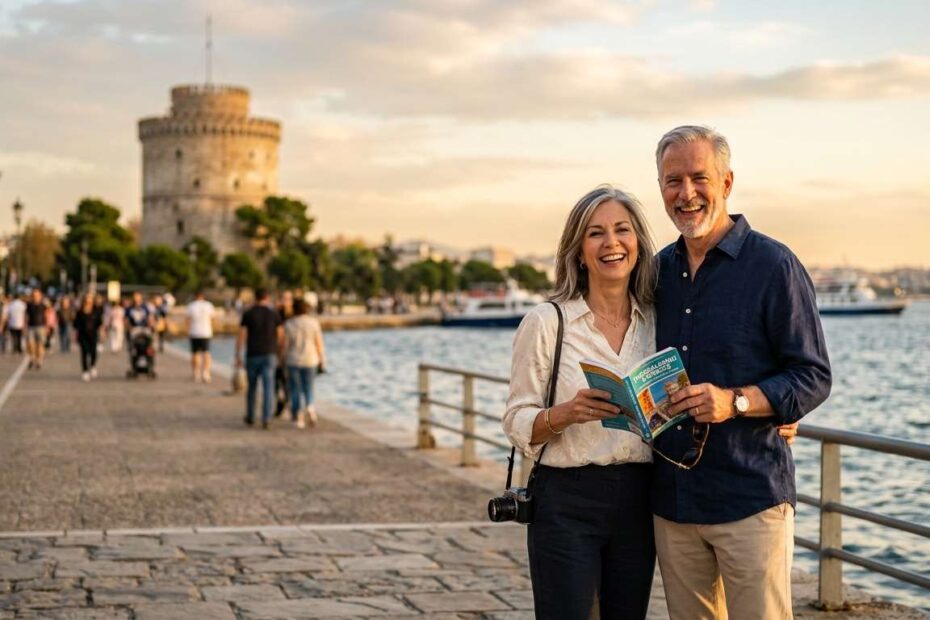Senior couple enjoying a scenic view of Thessaloniki waterfront and White Tower at sunset.