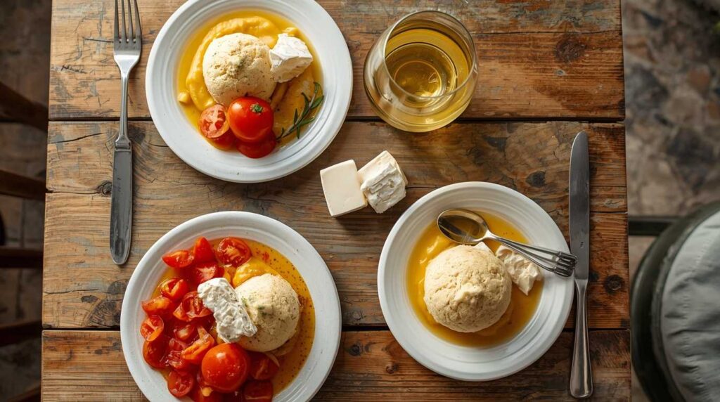 Delicious traditional Cretan food and local wine on a wooden table.